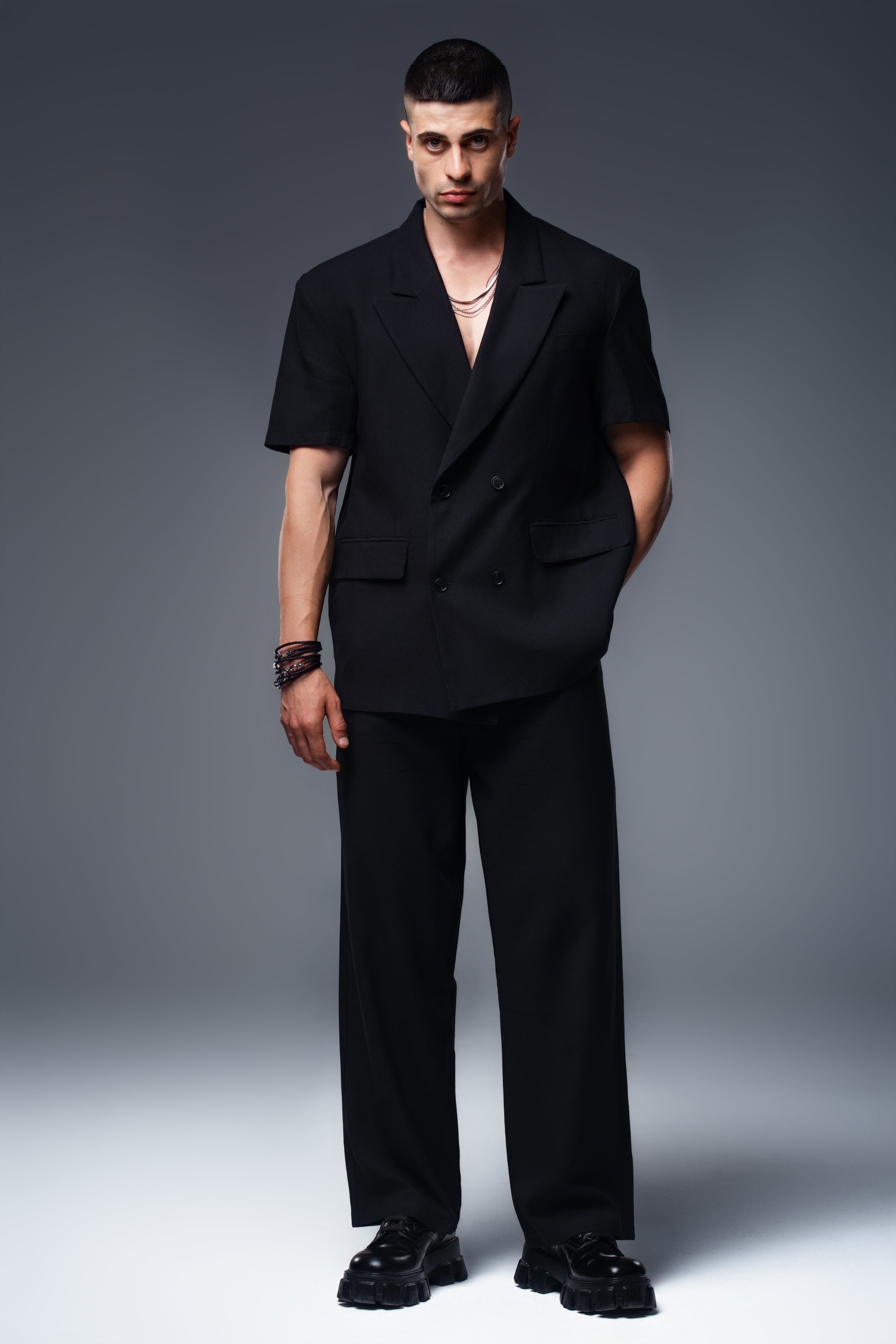 PHANTOM Linen Blazer Short Sleeve Double Breasted