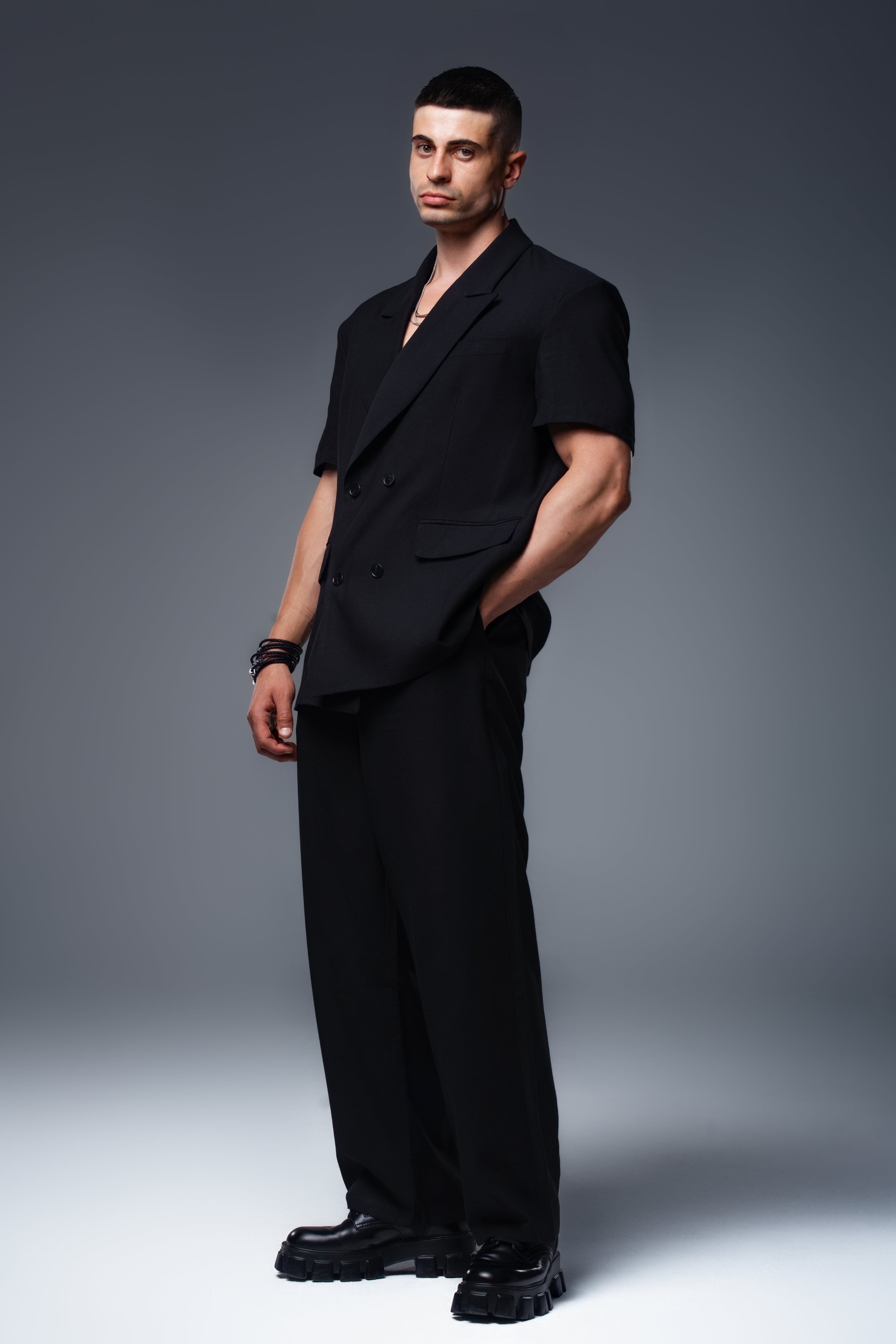 PHANTOM Linen Blazer Short Sleeve Double Breasted