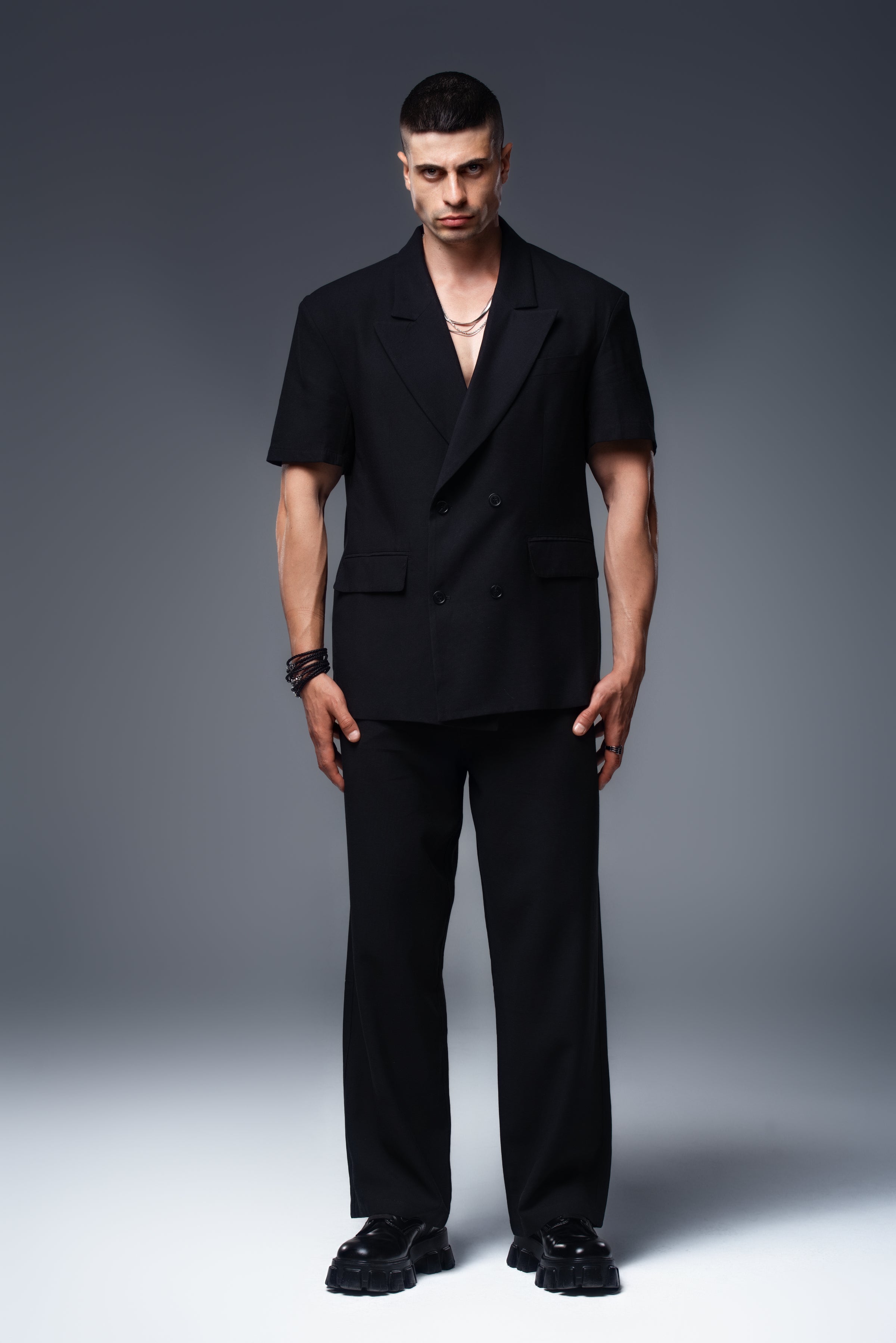 PHANTOM Linen Blazer Short Sleeve Double Breasted